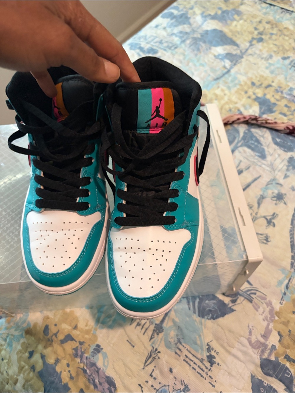 Jordan Kids' High-Top Sneakers in Teal, White & Pink Accent